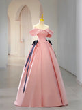 Pink Satin Floor Length Prom Dress, Off Shoulder Party Dress HZ1024