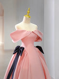 Pink Satin Floor Length Prom Dress, Off Shoulder Party Dress HZ1024