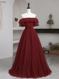 Burgundy Tulle Floor Length Prom Dress, Simple A-Line Evening Party Dress HZ1024