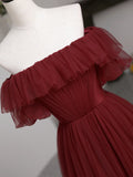 Burgundy Tulle Floor Length Prom Dress, Simple A-Line Evening Party Dress HZ1024