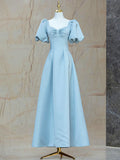 Blue Satin Pearl Long Prom Dress, A-Line Blue Evening Party Dress HZ1024