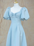 Blue Satin Pearl Long Prom Dress, A-Line Blue Evening Party Dress HZ1024