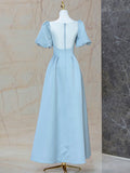 Blue Satin Pearl Long Prom Dress, A-Line Blue Evening Party Dress HZ1024