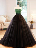 Black Strapless Tulle Long Prom Dress with Green Beaded, A-Line Formal Dress HZ1024