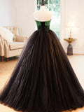 Black Strapless Tulle Long Prom Dress with Green Beaded, A-Line Formal Dress HZ1024