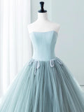 Blue Satin Tulle Long Prom Dress, Lovely Strapless Evening Dress HZ1024