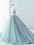 Blue Satin Tulle Long Prom Dress, Lovely Strapless Evening Dress HZ1024