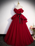 Burgundy Sweetheart Neck Formal Dress, A-Line Tulle Floor Length Prom Dress HZ1024