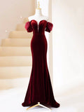 Burgundy Velvet Long Prom Dress, Mermaid Off Shoulder Evening Party Dress HZ1024