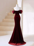Burgundy Velvet Long Prom Dress, Mermaid Off Shoulder Evening Party Dress HZ1024