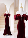 Burgundy Velvet Long Prom Dress, Mermaid Off Shoulder Evening Party Dress HZ1024