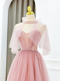 Pink Tulle Long Prom Dress with Beaded, Lovely A-Line Evening Dress HZ1024