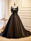 Black Tulle Lace Long Prom Dress, Black Evening Party Dress HZ1024