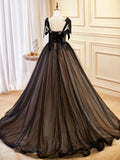 Black Tulle Lace Long Prom Dress, Black Evening Party Dress HZ1024