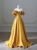 Yellow Satin Long Prom Dress, Off Shoulder A-Line Evening Dress HZ1024