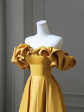 Yellow Satin Long Prom Dress, Off Shoulder A-Line Evening Dress HZ1024