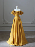 Yellow Satin Long Prom Dress, Off Shoulder A-Line Evening Dress HZ1024