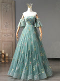 Green Floral Tulle Long Prom Dress, Cute Off Shoulder Evening Party Dress HZ1024