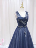 Blue Tulle Beaded Long Prom Dress, Blue Evening Party Dress HZ1024
