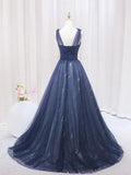 Blue Tulle Beaded Long Prom Dress, Blue Evening Party Dress HZ1024