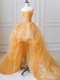 Orange Tulle Lace Long High Low Prom Dress, A-Line Strapless Evening Dress HZ1024