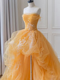 Orange Tulle Lace Long High Low Prom Dress, A-Line Strapless Evening Dress HZ1024