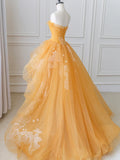 Orange Tulle Lace Long High Low Prom Dress, A-Line Strapless Evening Dress HZ1024
