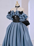 Blue Satin Lace Long Prom Dress, Off Shoulder Evening Dress HZ1024