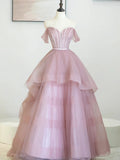 Pink Tulle Sequins Long Prom Dress, Off Shoulder Evening Dress HZ1024