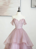 Pink Tulle Sequins Long Prom Dress, Off Shoulder Evening Dress HZ1024