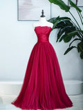 Burgundy Strapless Tulle Prom Dress, Burgundy Long Formal Dress HZ1024