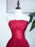 Burgundy Strapless Tulle Prom Dress, Burgundy Long Formal Dress HZ1024