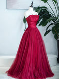 Burgundy Strapless Tulle Prom Dress, Burgundy Long Formal Dress HZ1024
