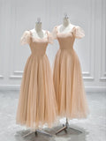 Cute Tulle Tea Length Prom Dress, A-Line Short Sleeve Evening Dress HZ1024
