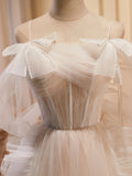 Champagne Tulle Long Prom Dress, A-Line Evening Dress with Bow HZ1024