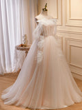 Champagne Tulle Long Prom Dress, A-Line Evening Dress with Bow HZ1024