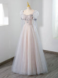 Cute Tulle Beaded Long Prom Dress, A-Line Short Sleeve Evening Dress HZ1024