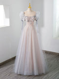 Cute Tulle Beaded Long Prom Dress, A-Line Short Sleeve Evening Dress HZ1024