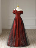 Burgundy Satin Long V-Neck Prom Dress, Off the Shoulder Party Dress HZ1024
