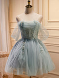 Green Tulle Beaded Short Prom Dress, Cute Off Shoulder Homecoming Dress HZ1024