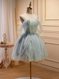 Green Tulle Beaded Short Prom Dress, Cute Off Shoulder Homecoming Dress HZ1024