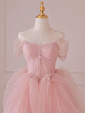 Pink Tulle Lace Long Prom Dress, Off the Shoulder Evening Dress HZ1024