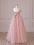 Pink Tulle Lace Long Prom Dress, Off the Shoulder Evening Dress HZ1024
