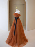 Simple A-Line Strapless Long Prom Dress, Beautiful Tulle Graduation Dress HZ1024
