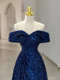 Blue Sequins Long Prom Dress, Off the Shoulder Blue Evening Dress HZ1024