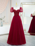 Burgundy Tulle Beaded Long Prom Dress, A-Line Short Sleeve Evening Dress HZ1024
