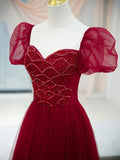 Burgundy Tulle Beaded Long Prom Dress, A-Line Short Sleeve Evening Dress HZ1024