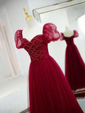 Burgundy Tulle Beaded Long Prom Dress, A-Line Short Sleeve Evening Dress HZ1024