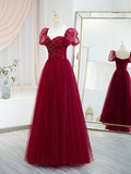 Burgundy Tulle Beaded Long Prom Dress, A-Line Short Sleeve Evening Dress HZ1024