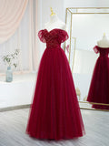 Burgundy Tulle Beaded Long Prom Dress, A-Line Short Sleeve Evening Dress HZ1024